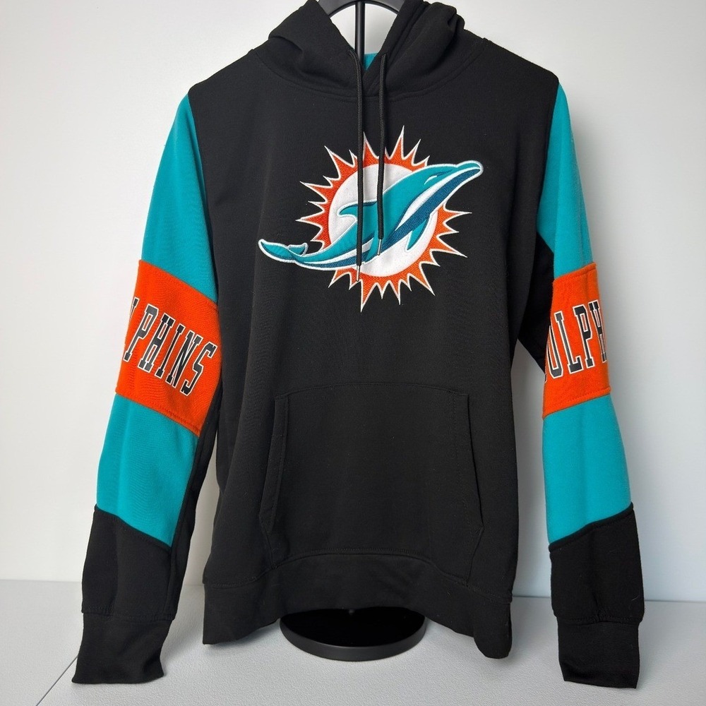 NFL Ultra Game Miami Dolphins Hoodie Mens Black Aqua Orange Color block S - Picture 3 of 8